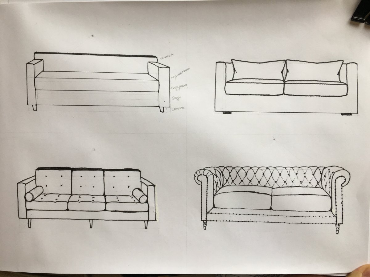 Нарисовать диван карандашом поэтапно